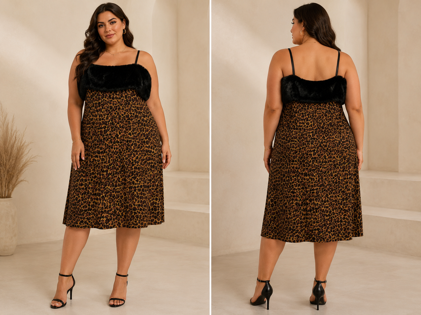 Leopard Print Faux Fur Trim Dress - Emily