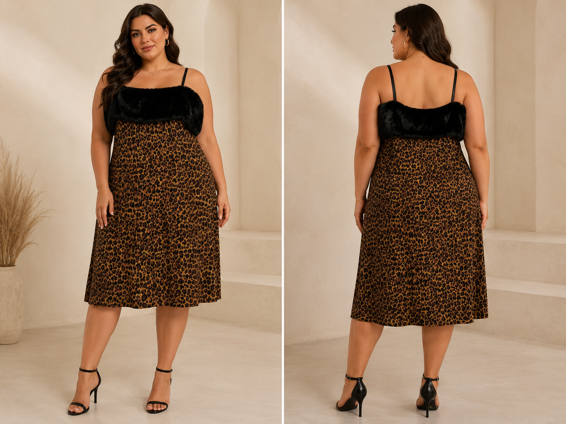 Leopard Print Faux Fur Trim Dress - Emily