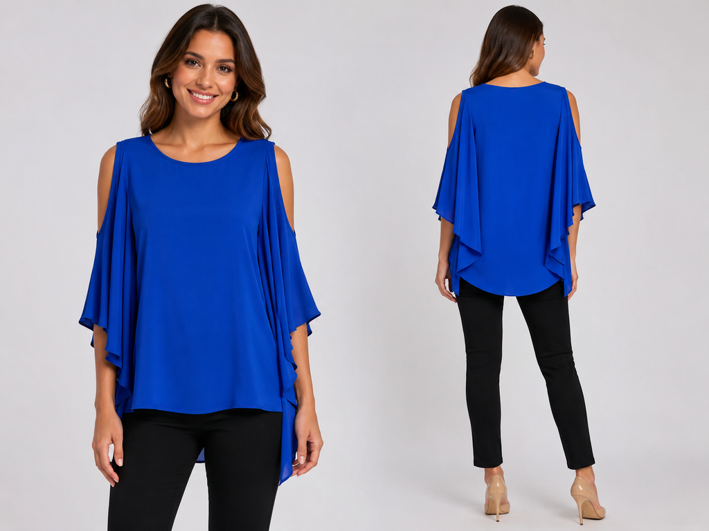 Royal Blue Cape-Sleeve Blouse by Spin