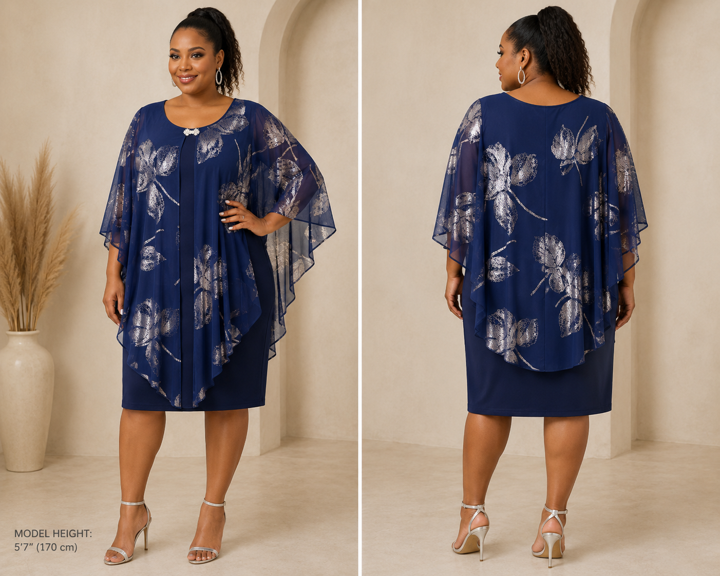 Navy Metallic Floral Overlay Dress - GLAMOUR