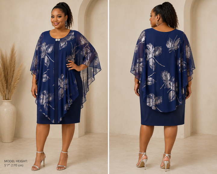 Navy Metallic Floral Overlay Dress - GLAMOUR