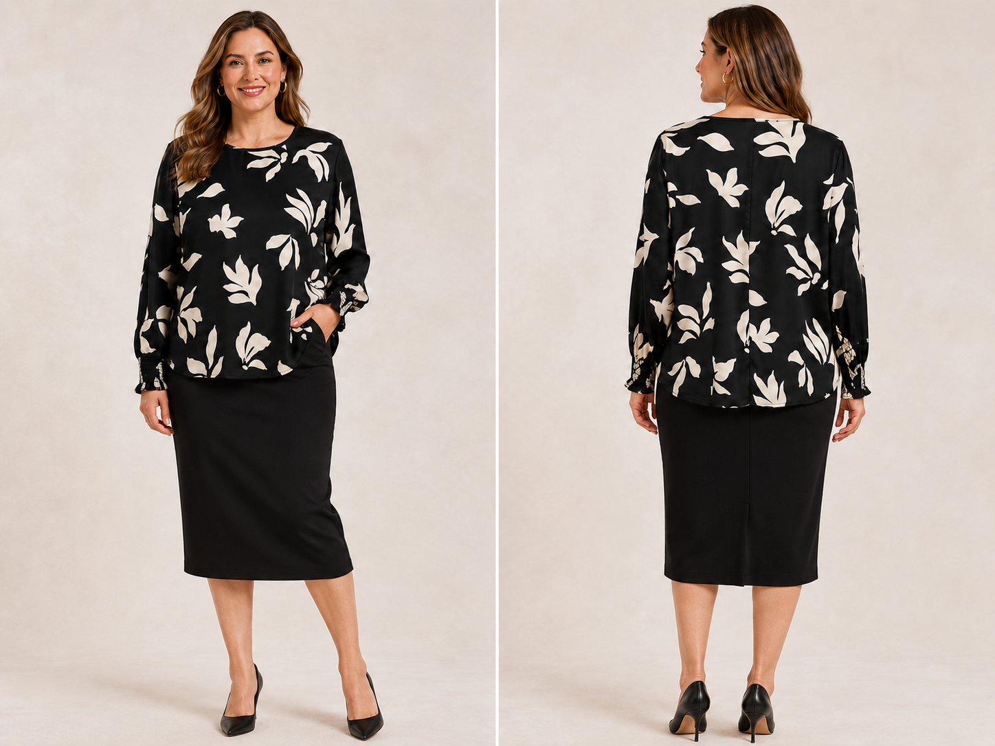 Spin U.S.A. Black & Cream Leaf Print Blouse