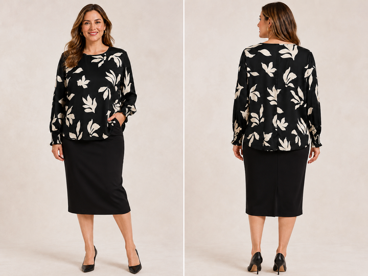 Spin U.S.A. Black & Cream Leaf Print Blouse