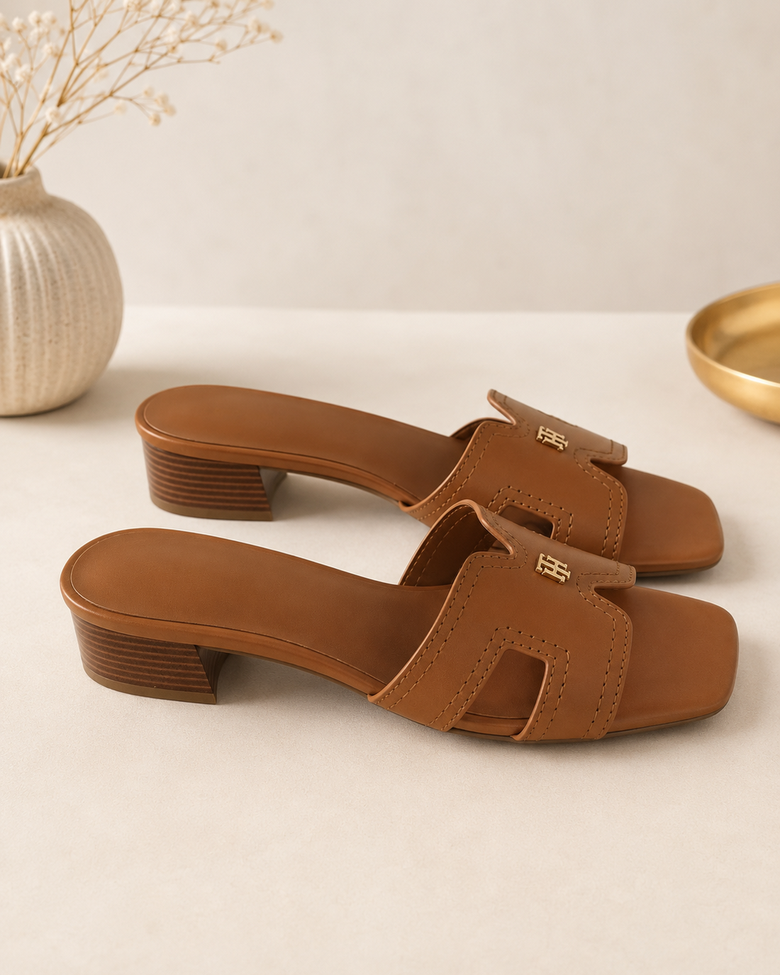 Cognac Cutout Low-Heel Slide Sandals - Tommy Hilfiger