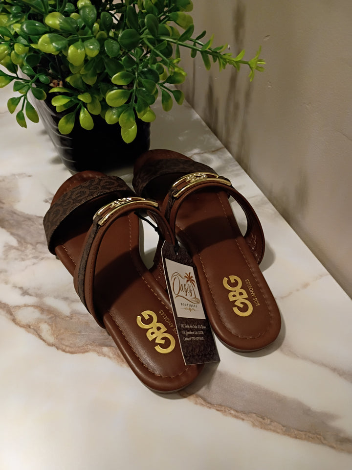 Brown Monogram Double-Strap Slide Sandals - GBG Los Angeles