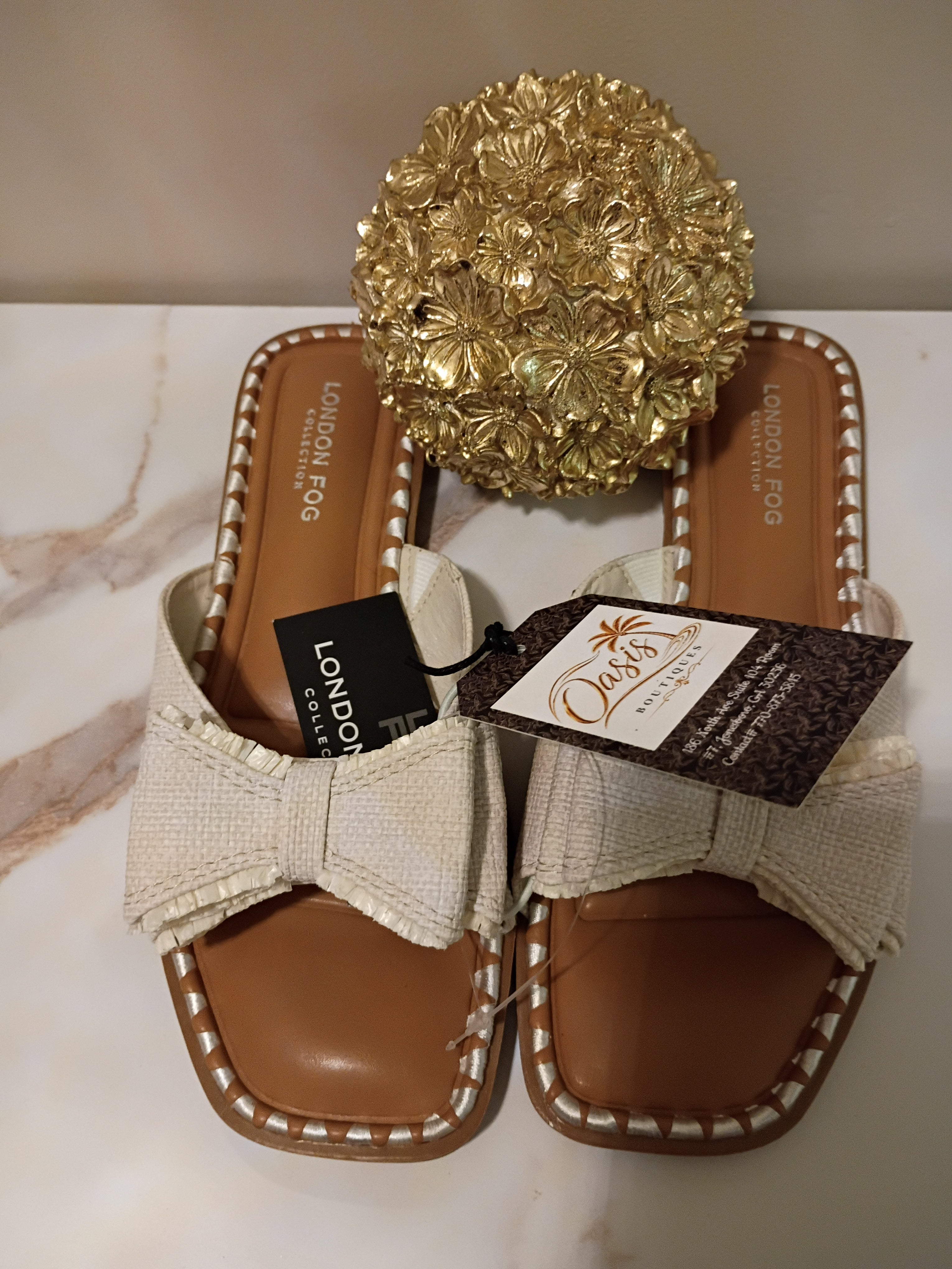 Cream Bow Square-Toe Slide Sandals - London Fog Collection