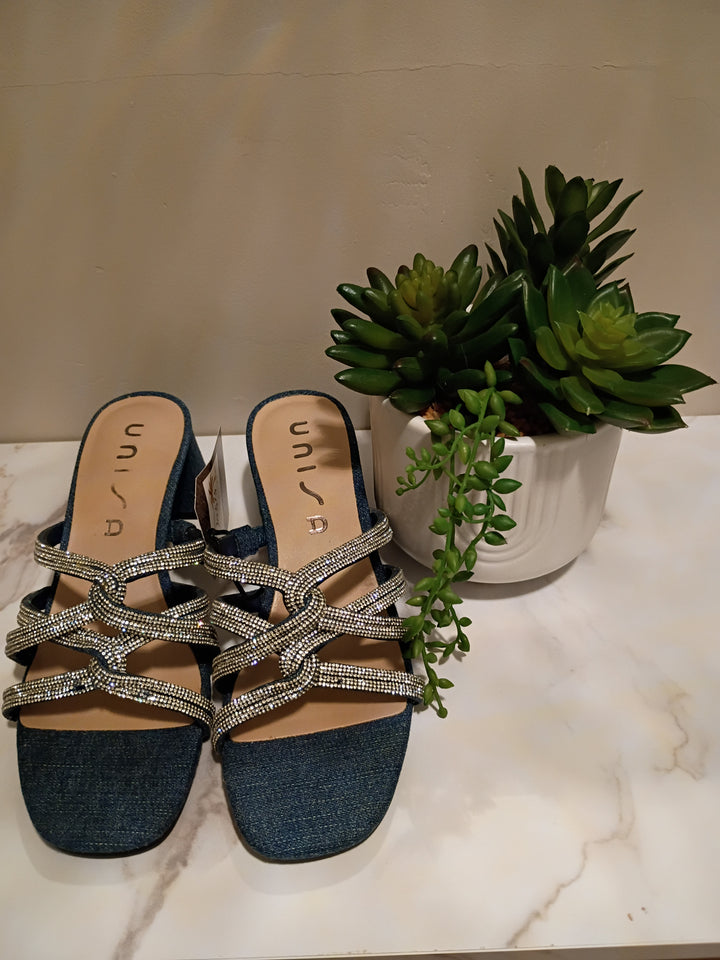 Denim Rhinestone Block-Heel Mule Sandals - Unisa