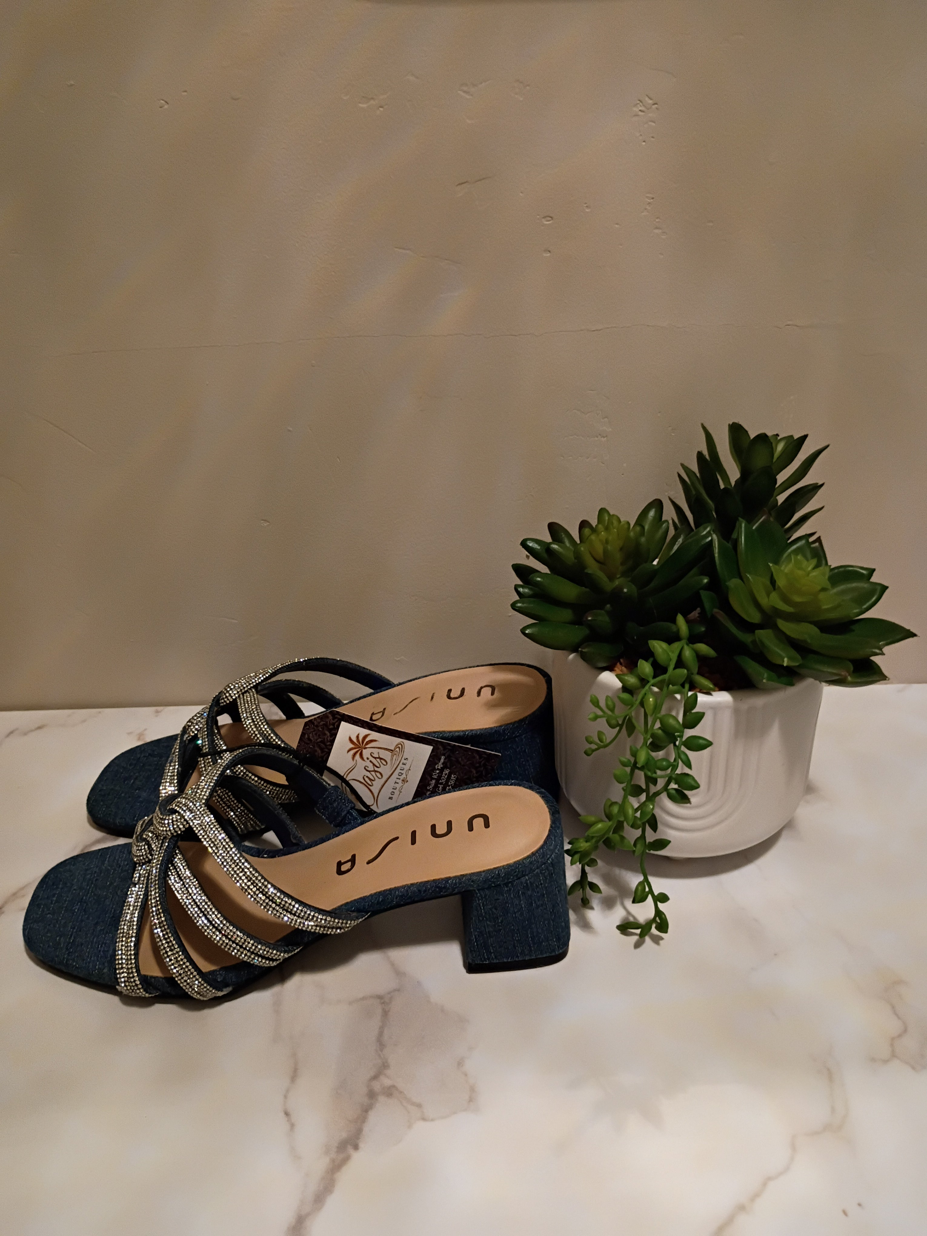Denim Rhinestone Block-Heel Mule Sandals - Unisa