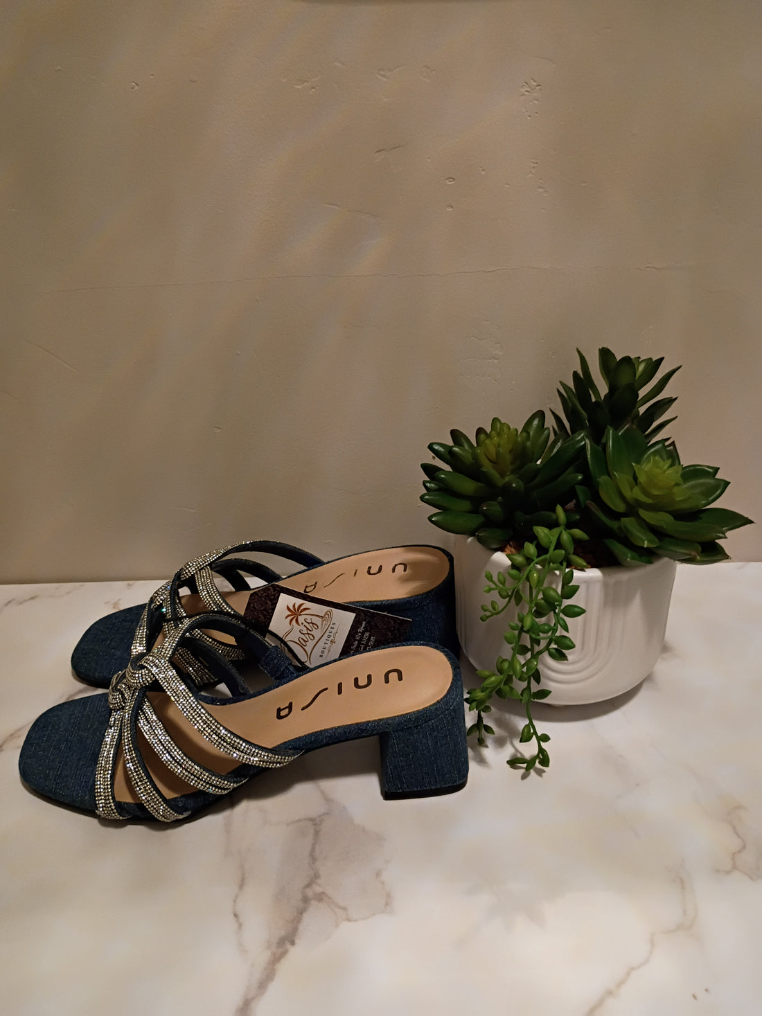 Denim Rhinestone Block-Heel Mule Sandals - Unisa