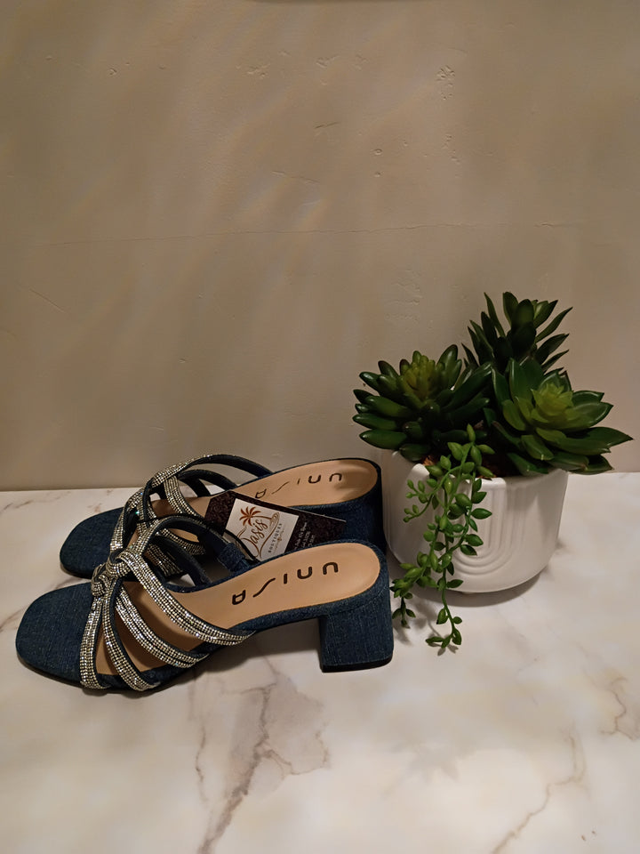 Denim Rhinestone Block-Heel Mule Sandals - Unisa