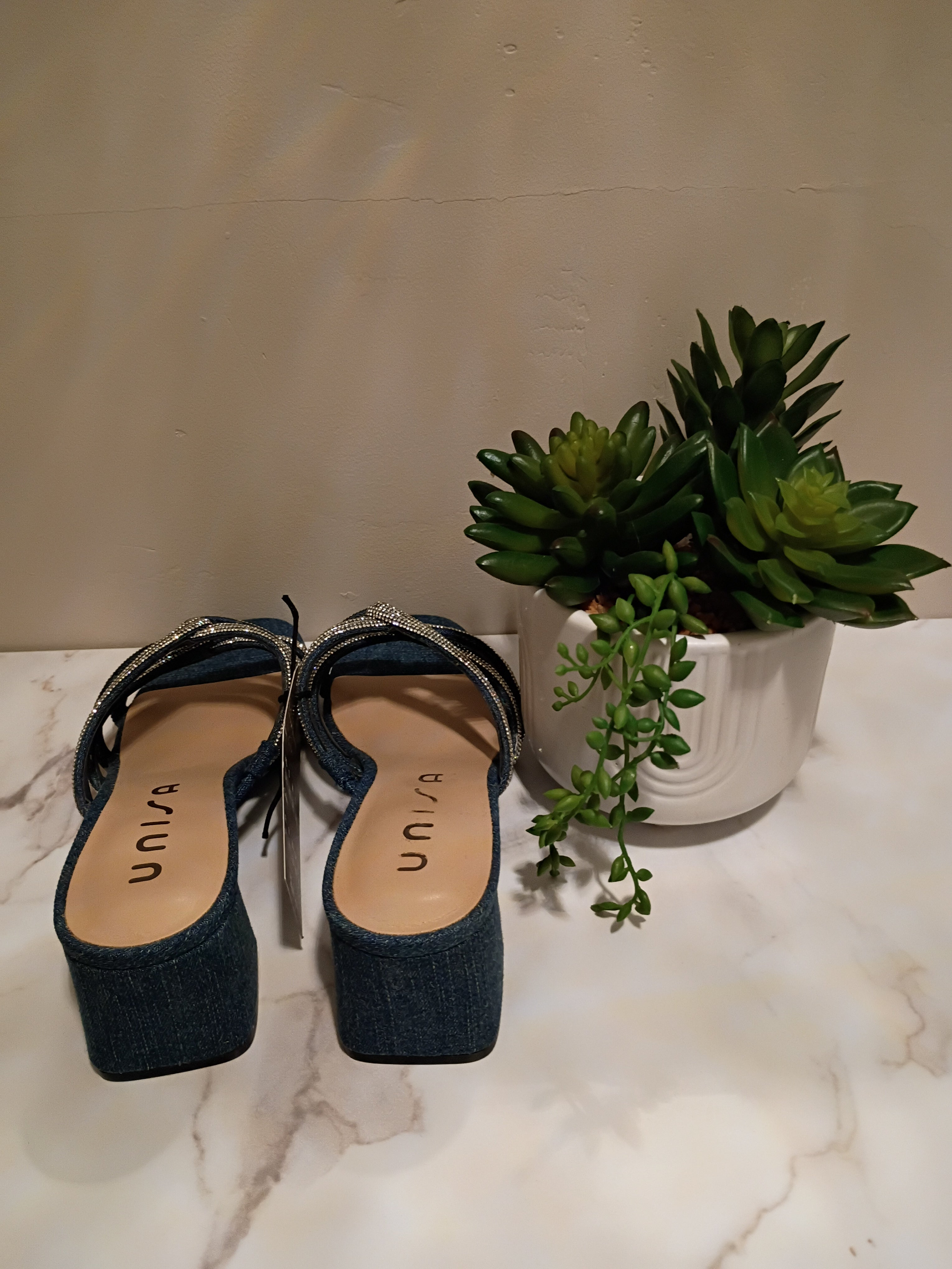 Denim Rhinestone Block-Heel Mule Sandals - Unisa