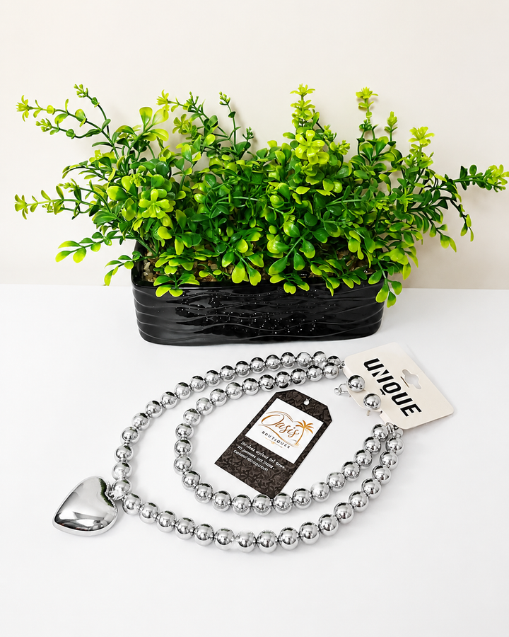 Silver Beaded Heart Necklace Set