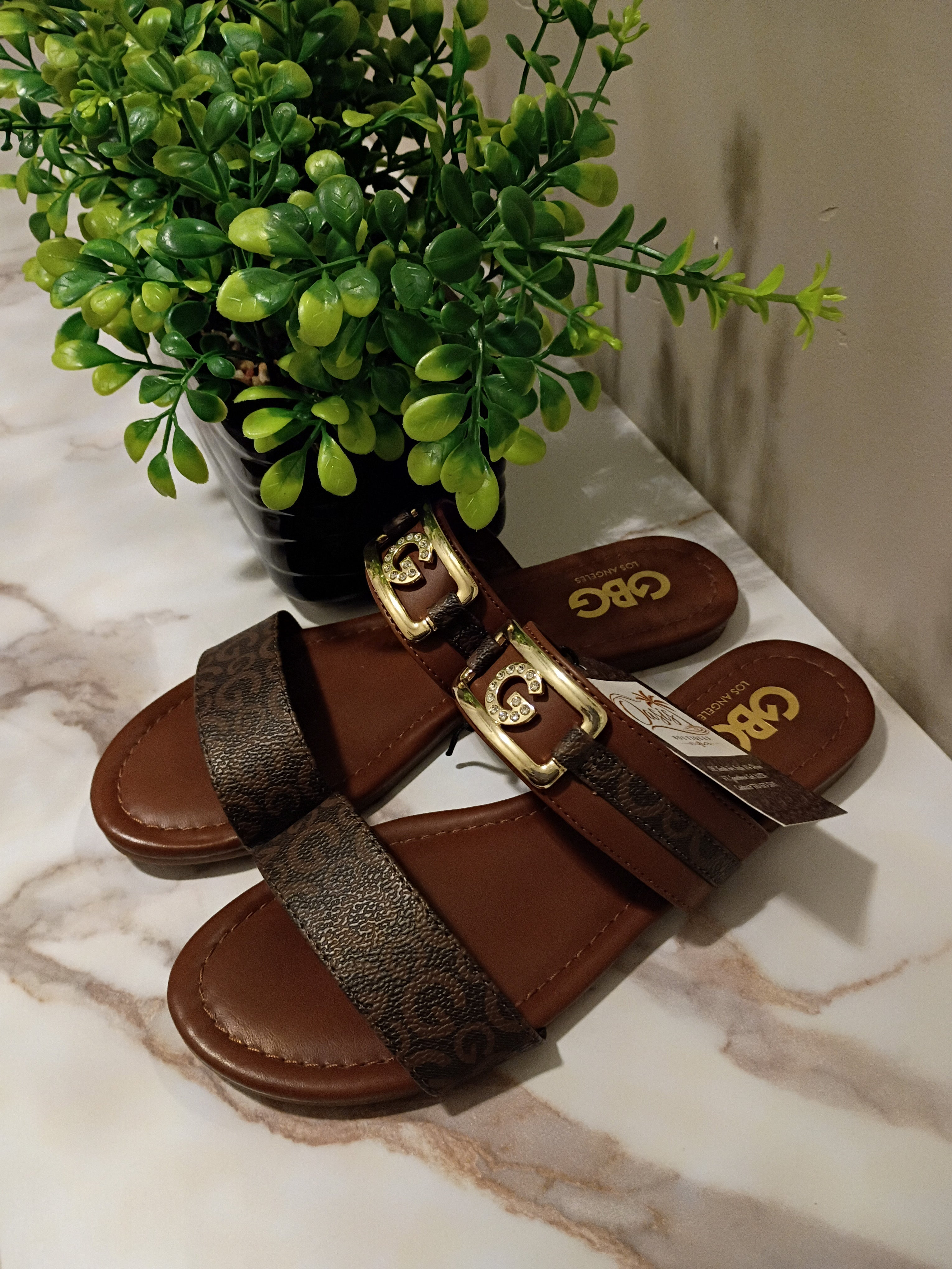 Brown Monogram Double-Strap Slide Sandals - GBG Los Angeles