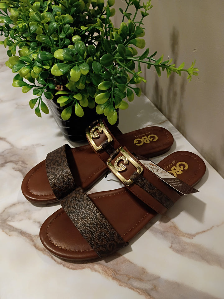 Brown Monogram Double-Strap Slide Sandals - GBG Los Angeles