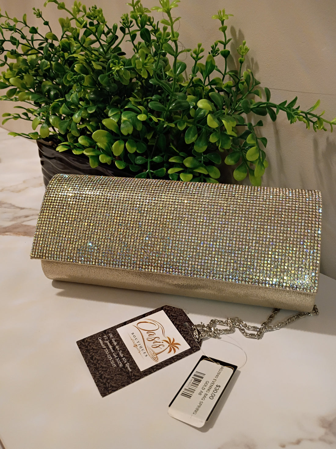 Gold Rhinestone Evening Clutch with Chain Strap