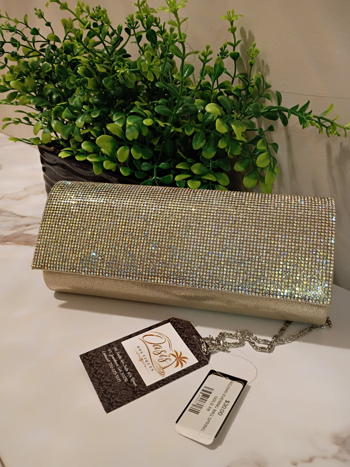 Gold Rhinestone Evening Clutch with Chain Strap