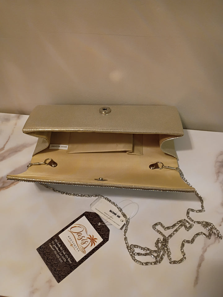 Gold Rhinestone Evening Clutch with Chain Strap